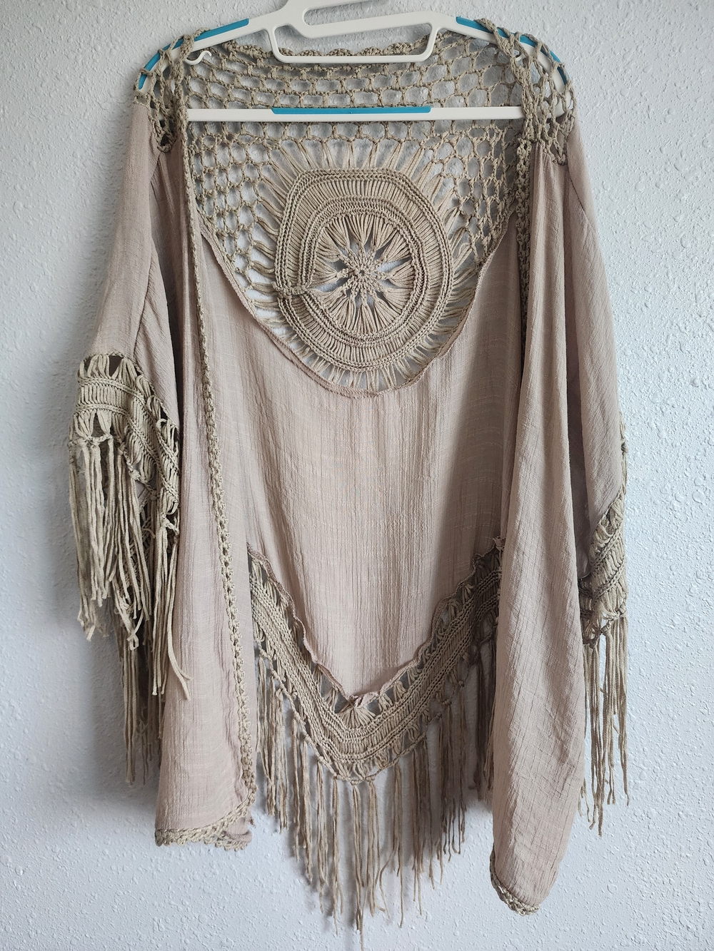 Three Bird Nest Beige Crochet Fringe Boho Kimono